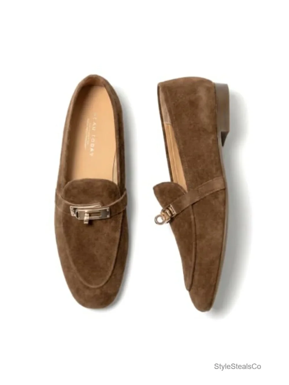 Suede Leather Loafers with Metal Buckle Slip-On Low Heel Work Shoes